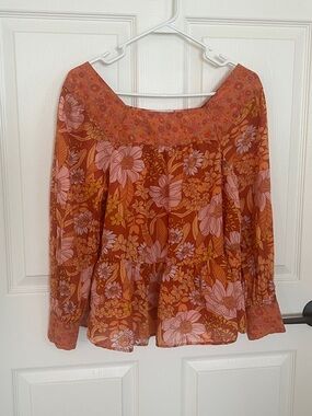 American Eagle Outfitters Rust Floral Square-Neck Blouse with Pink Flowers